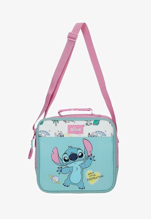 Bolsa de almuerzo infantil con el personaje Stitch de Disney, con orejas rosas, cuerpo azul y texto "con un poco de destrucción", con correa rosa ajustable.