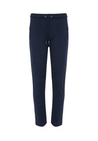 Pantalones de chándal azul marino con cintura ajustable, bolsillos laterales y piernas ceñidas, fabricados con una tela suave de textura lisa.