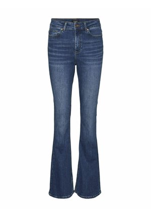 Tamsiai mėlynos flared džinsai, pagaminti iš džinsinio audinio, pasižymintys aukštu liemeniu, priekiniais mygtukais ir penkiomis kišenėmis su kontrastingais siūlų akcentais.