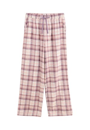 Ternet pyjamasbukser i blødt stof med et mønster i lyserød, lilla og hvid, med elastik i taljen og sidelommer.