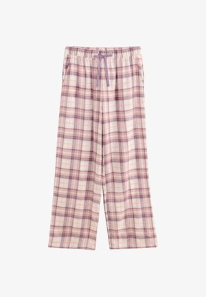 Kockaste pidžama hlače od mekanog materijala, s uzorkom u svijetlo ružičastim, ljubičastim i bijelim tonovima, s elastičnim pojasom i bočnim džepovima.
