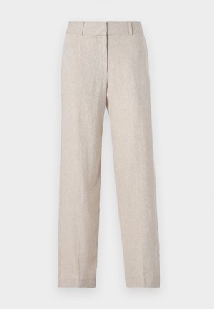 Calças de linho bege com um design de perna reta, cintura alta e textura subtil. Sem bolsos visíveis ou embellishments.