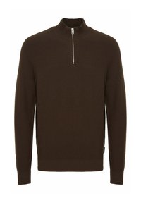 Brown textured pullover sweater with a high collar and half zip closure. Ribbed cuffs and hem, featuring a sleek design without patterns.