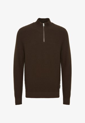 Brown textured pullover sweater with a high collar and half zip closure. Ribbed cuffs and hem, featuring a sleek design without patterns.