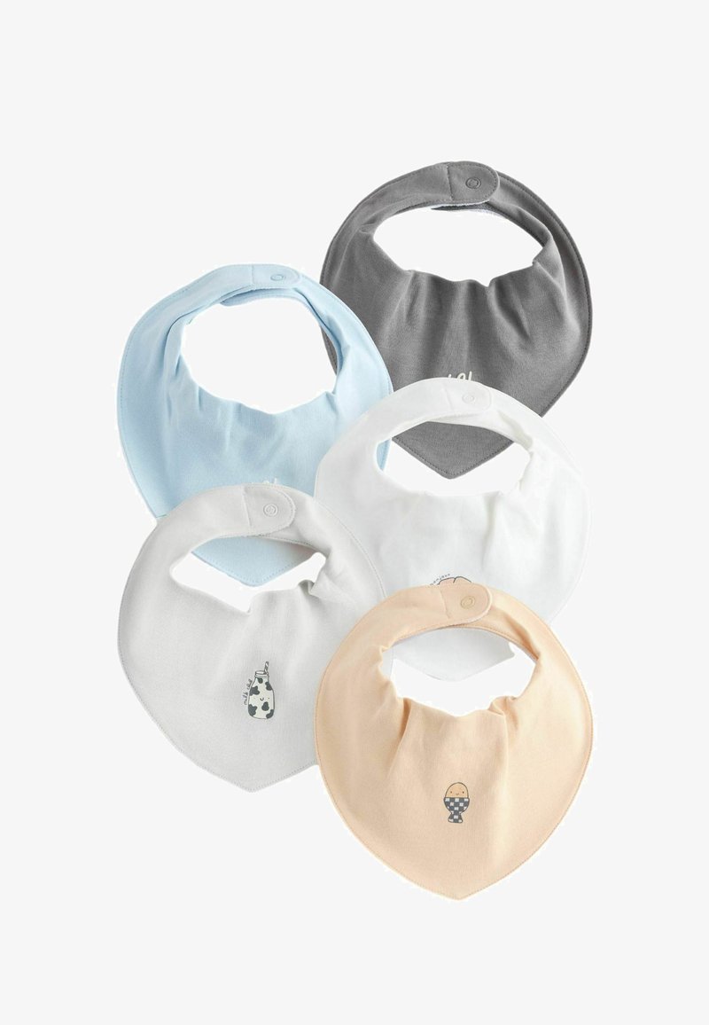 Ensemble de cinq bavoirs aux couleurs pastel : bleu clair, blanc, gris, pêche et crème. Matière en coton, forme triangulaire, avec des motifs d'animaux imprimés.