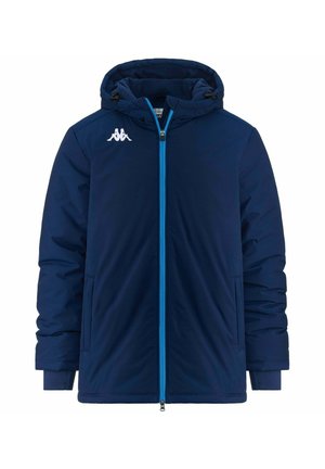 Giacca imbottita blu navy con cappuccio, zip frontale, fodera interna e dettagli in azzurro chiaro a contrasto. Presenta tasche laterali e polsini a coste.