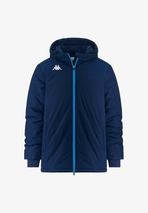 Giacca imbottita blu navy con cappuccio, zip frontale, fodera interna e dettagli in azzurro chiaro a contrasto. Presenta tasche laterali e polsini a coste.