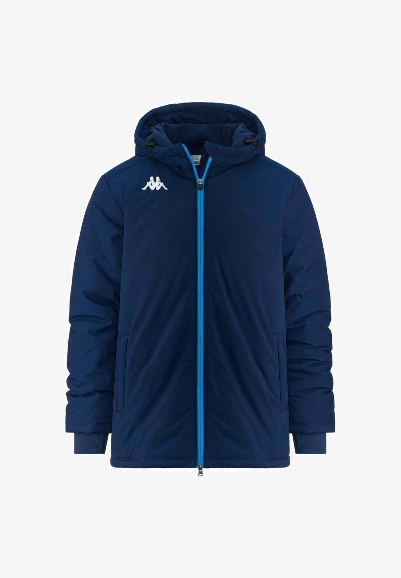 Giacca imbottita blu navy con cappuccio, zip frontale, fodera interna e dettagli in azzurro chiaro a contrasto. Presenta tasche laterali e polsini a coste.