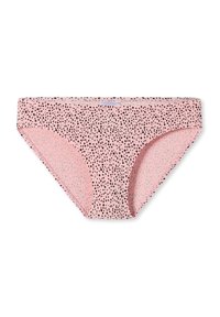 Rosa Bikini-Brief mit einem zerstreuten schwarzen Punktemuster, aus einem glatten Material und mit elastischem Bund für optimalen Tragekomfort.