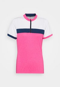 Polo tričko s krátkým rukávem v růžové barvě, s bílým horním panelem a námořnicky modrými akcenty. Má přední zip a texturovanou látku.