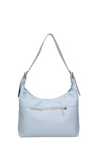 Borsa a tracolla in pelle azzurro chiaro con un design curvo, tracolla regolabile e una tasca frontale con zip. Texture liscia con dettagli in metallo argentato.