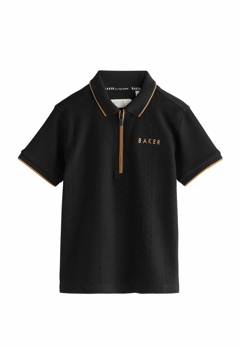 Sort polo shirt med lynlås krave, korte ærmer, tekstureret mønster og orange detaljer på kraven og lynlåsen. Har "BAKER" logo.