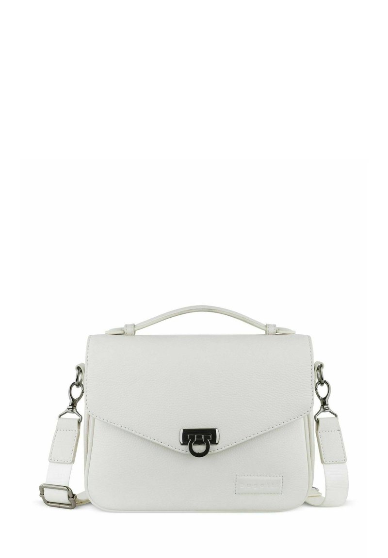 Weißes Leder-Crossbody-Tasche mit einem oberen Griff, verstellbarem Tragegurt und schwarzen Hardware-Akzenten. Verfügt über einen Klappenverschluss und eine strukturierte Oberfläche.