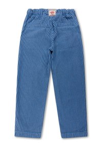 Blauwe gestreepte broek van zachte stof met een elastische tailleband en twee achterzakken. Heeft een label op de tailleband.