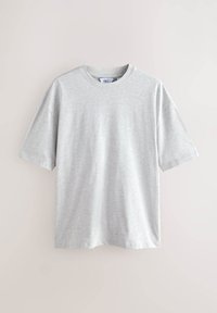Jasnoszara bawełniana koszulka z okrągłym dekoltem i krótkimi rękawami. Charakteryzuje się luźnym krojem oraz gładką, jednolitą fakturą.