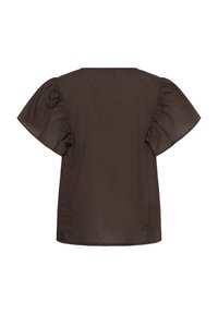 Blouse marron foncé à manches courtes avec larges manches volantées et ourlet droit, vue de dos sur fond blanc.