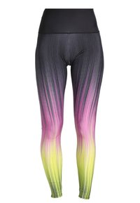 Czarne legginsy z wysokim stanem, ozdobione pionowymi paskami przechodzącymi od różu do żółtego. Wykonane z elastycznego, oddychającego materiału.