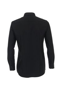 Schwarzes Langarmshirt aus glattem Stoff, mit klassischem Kragen, Knopfmanschetten und einer taillierten Rückendesign ohne Muster.