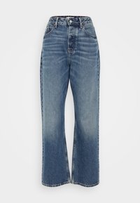 Höga blå denimjeans med vida ben, framknapp och dragkedjestängning, samt fram- och bakfickor.