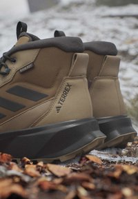 Braune und schwarze Wanderschuhe mit Fleecefutter, beschriftet mit Terrex und Rain.RDY, stehen auf verschneitem Boden mit trockenen Blättern.