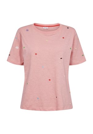 T-shirt rose à manches courtes avec col rond et petits points brodés multicolores éparpillés sur le tissu.