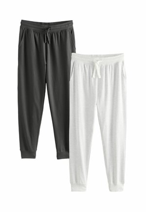 Dos pares de pantalones deportivos: uno negro con cintura elástica y bolsillos laterales, y uno gris claro con una cuerda blanca y bolsillos similares.
