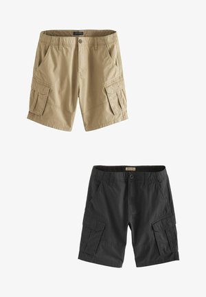 Khaki and black cargo shorts, both featuring multiple pockets, belt loops, and a relaxed fit, made from durable cotton blend fabric.