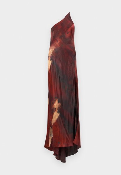 One-shoulder gown in flowing fabric, featuring a rich red and black abstract print with gold accents. Asymmetrical hem adds visual interest.