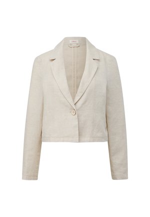 Beżowa skórzana marynarka w krótkim fasonie z klapami, z pojedynczym zapięciem na guzik i długimi rękawami. Gładka faktura i minimalistyczny design.