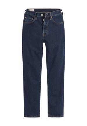 Dunkelblaue Denim-Jeans mit geradem Bein, mit Kupfernähten und klassischem Fünf-Taschen-Design, Knopfverschluss und Gürtelschlaufen.