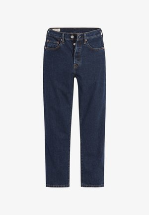 Jeans de mezclilla azul oscuro con corte recto, con costuras de cobre y diseño clásico de cinco bolsillos, cierre de botón y presillas para el cinturón.