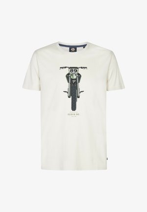 Cremefarvet T-shirt med et grafik af en motorcykel og tallet "89" i sort og grøn. Bomuldsmateriale, korte ærmer, rund hals.