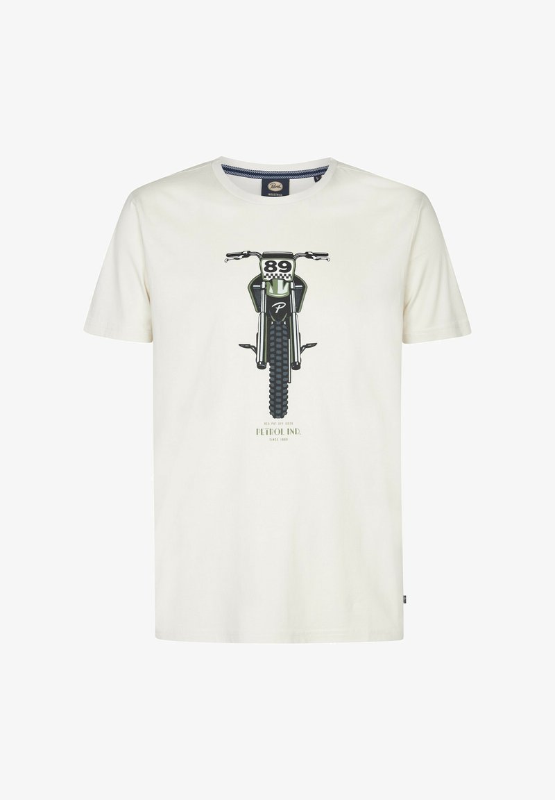 Cream colored T-shirt with a graphic of a motorcycle and the number "89" in black and green. Cotton material, short sleeves, crew neck.