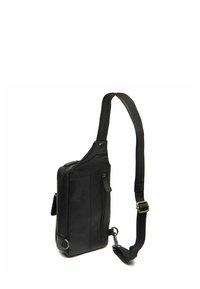 Borsa a tracolla in pelle nera con tracolla regolabile, dotata di un compartimento principale con zip e di una tasca laterale aggiuntiva. Texture liscia.