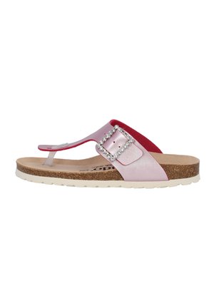 Pink and red flip-flop sandal with a textured cork footbed, side buckle adorned with rhinestones, and a flexible white rubber sole.