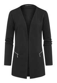 Svart cardigan laget av teksturert stoff, med V-hals, lange ermer og to glidelåslommer foran. Åpen frontdesign.