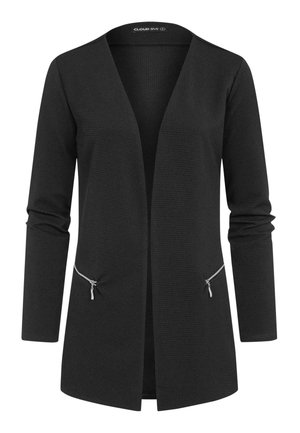 Cardigan noir en tissu texturé, avec un col en V, des manches longues et deux poches zippées à l'avant. Design à l'avant ouvert.