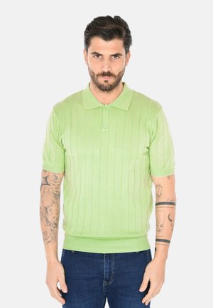 Uomo con capelli scuri e barba, che indossa una polo a maniche corte verde chiaro e jeans blu, in piedi con le braccia rilassate.