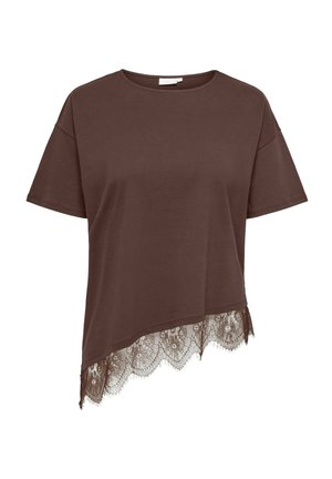 Maglietta marrone a maniche corte con collo rotondo e orlo asimmetrico con bordo in pizzo floreale.