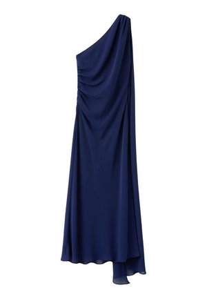 Granatowa sukienka na jedno ramię wykonana z drapowanego materiału. Posiada marszczone detale z boku oraz płynącą linię dołu dla eleganckiego efektu ruchu.