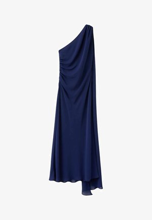 Granatowa sukienka na jedno ramię wykonana z drapowanego materiału. Posiada marszczone detale z boku oraz płynącą linię dołu dla eleganckiego efektu ruchu.