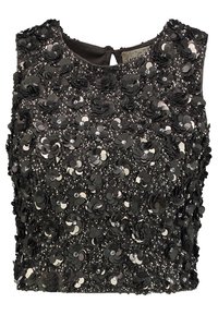 Top senza maniche nero con superficie testurizzata, arricchito da paillettes e fiori in tessuto, accentuato da piccole strass per un ulteriore tocco di dettaglio.