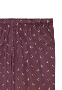 Bordeaux shorts med elastisk talje, der har et gentaget kirsebær- og bladmønster i pink og grøn. Glat, let materiale.