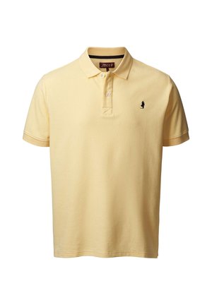 Polo a maniche corte di colore giallo chiaro con due bottoni e piccolo logo nero ricamato sul lato sinistro del petto.
