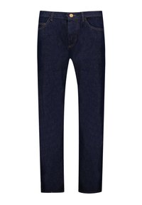 Donkerblauwe denim jeans met een straight-leg ontwerp, voorzien van oranje stiksels, een sluiting met een knoop aan de voorkant en klassieke vijf-pocket styling.