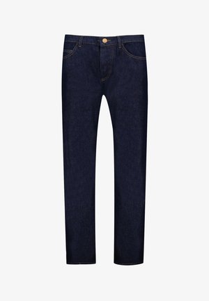 Donkerblauwe denim jeans met een straight-leg ontwerp, voorzien van oranje stiksels, een sluiting met een knoop aan de voorkant en klassieke vijf-pocket styling.