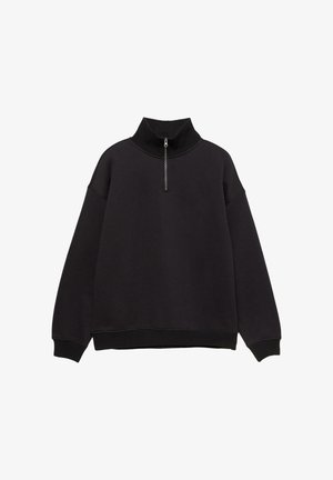 Schwarz Sweatshirt mit hohem Rippkragen und halber Reißverschluss. Verfügt über eine lockere Passform sowie gerippte Bündchen und Saum. Glatte Textur.