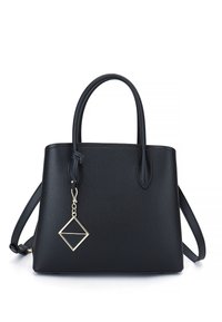 Sac à main en cuir noir avec une texture lisse, un design structuré, deux poignées et un charm en forme de diamant doré détachable. Bandoulière ajustable incluse.