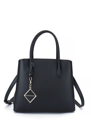 Sac à main en cuir noir avec une texture lisse, un design structuré, deux poignées et un charm en forme de diamant doré détachable. Bandoulière ajustable incluse.