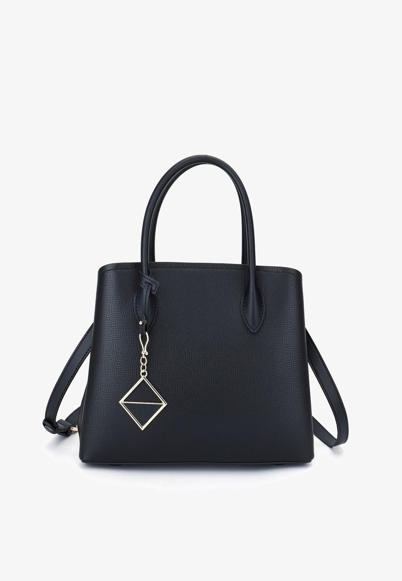 Borsa a tracolla nera in pelle con superficie liscia, design strutturato, due manici e charm staccabile a forma di diamante dorato. Include una tracolla regolabile.